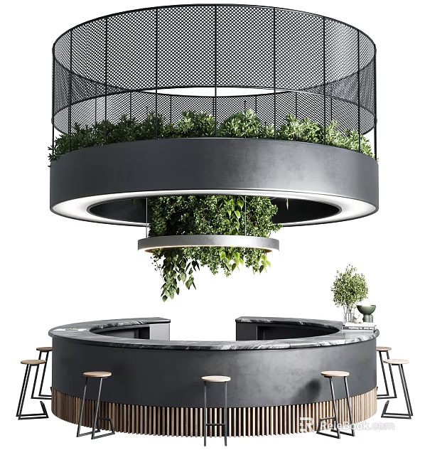 Modern Round Bar Counter Design With Hanging Green Plants And Wooden Stools 3d model 