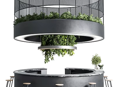 Modern Round Bar Counter Design With Hanging Green Plants And Wooden Stools 3d model