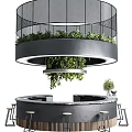 Modern Round Bar Counter Design With Hanging Green Plants And Wooden Stools
