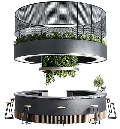 Modern Round Bar Counter Design With Hanging Green Plants And Wooden Stools 3d model