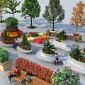Diverse Tree Planters Featuring Different Trees Colorful Structures And Garden Seating Areas 3d model