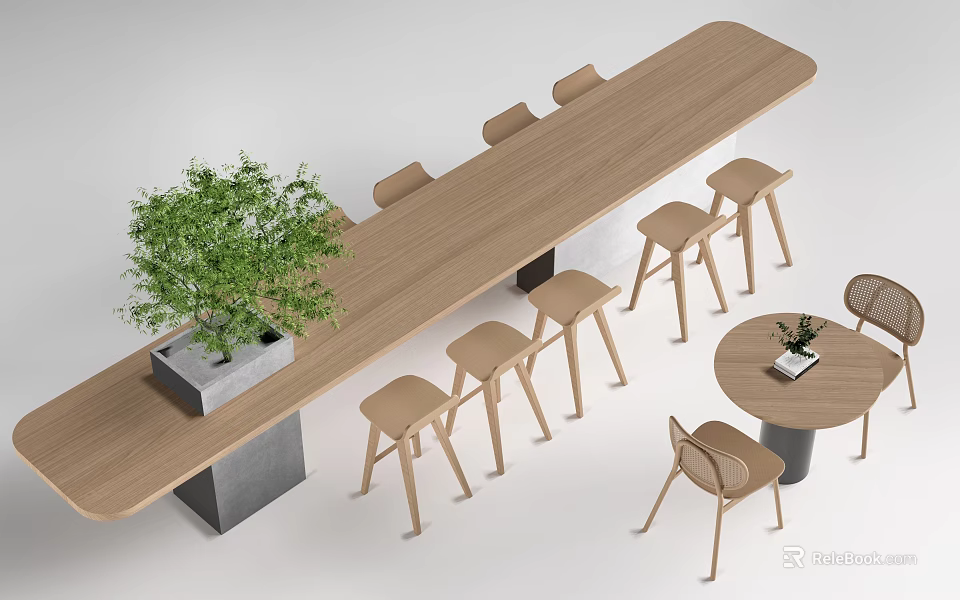 Modern Wooden Long Bar Counter With High Stools Potted Plant And Round Table 3d model 