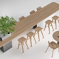 Modern Wooden Long Bar Counter With High Stools Potted Plant And Round Table