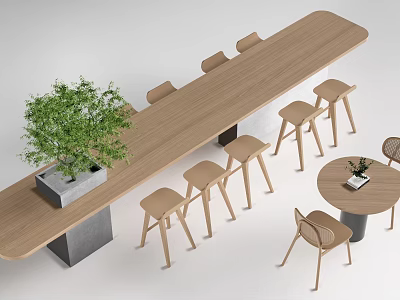 Modern Wooden Long Bar Counter With High Stools Potted Plant And Round Table 3d model