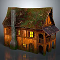 Wooden House Featuring Mossy Roof Chimney Lit Windows Arched Porch and Rustic Design