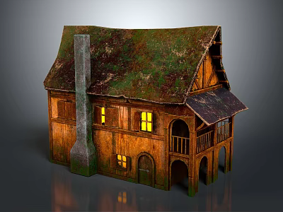 Wooden House Featuring Mossy Roof Chimney Lit Windows Arched Porch and Rustic Design 3d model