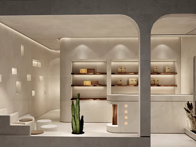 Minimalist Gray Boutique Interior With Arched Door Display Shelves And Cactus 3d model