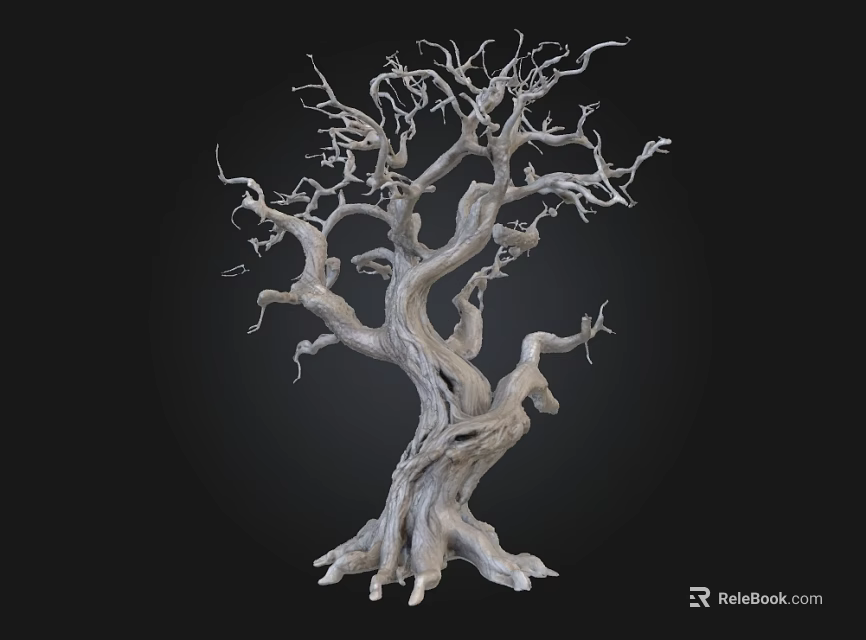 Dry Leafless Tree With Twisted Branches And Thick Trunk On Black Background 3d model