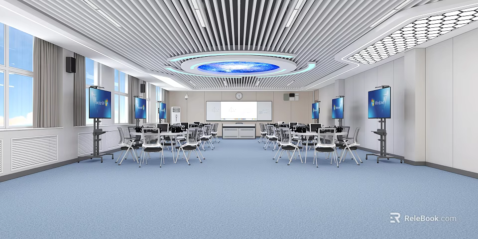 School Bright Modern Classroom With Tables Chairs Podium Screens And Ceiling Lights 3d model 