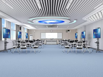 School Bright Modern Classroom With Tables Chairs Podium Screens And Ceiling Lights 3d model
