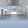 School Bright Modern Classroom With Tables Chairs Podium Screens And Ceiling Lights