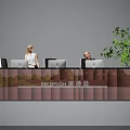 Interior View Of Modern Reception Desk With Receptionists Computers And Green Plant