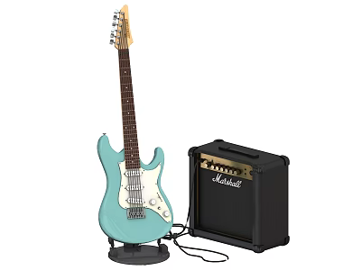 Light Blue Electric Guitar On Stand With Marshall Amplifier And Cable 3d model