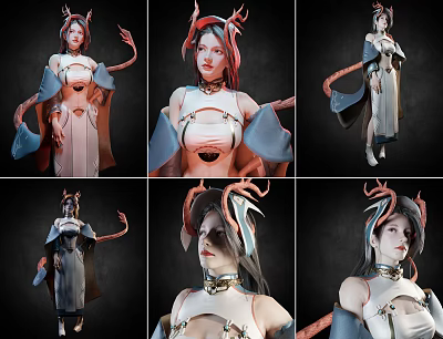 Fantasy Style Female Character Ornament Decoration Set With Horned Headdress And Flowing Robe Details 3d model