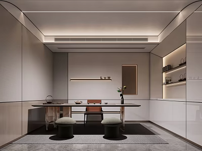 Modern Tea Room Interior Design With Wooden Table Chair Stools Shelf And Ambient Lighting 3d model