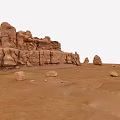 Red Rock Landscape With Massive Stone Formations And Wooden Accents On Sandy Desert Ground