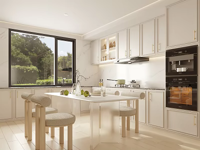 Modern Restaurant Interior With Open Kitchen Marble Counter Dining Table And Large Windows 3d model