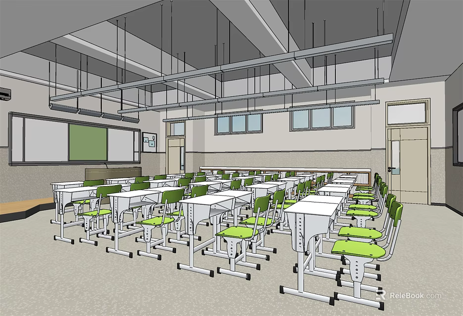 School Classroom Interior With Green Chairs White Desks Blackboard And Windows 3d model 