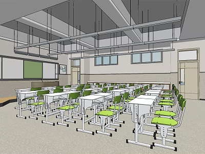 School Classroom Interior With Green Chairs White Desks Blackboard And Windows 3d model