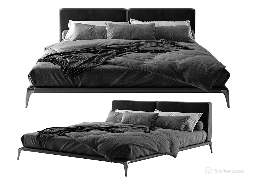 Modern Double Bed Design With Black Headboard Metal Frame And Dark Bedding 3d model 