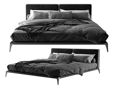 Modern Double Bed Design With Black Headboard Metal Frame And Dark Bedding 3d model