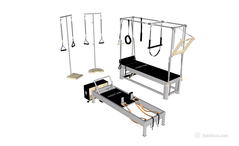 Fitness Training Equipment Set Featuring Pilates Reformer Suspension Frame Gym Rings And Exercise Bench 3d model 