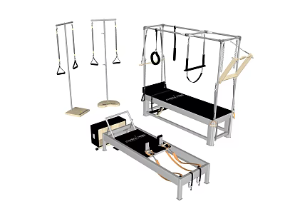 Fitness Training Equipment Set Featuring Pilates Reformer Suspension Frame Gym Rings And Exercise Bench 3d model