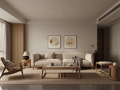 Modern Minimalist Living Room Interior With Beige Sofa Circular Artworks And Wooden Coffee Table 3d model