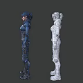 Detailed Female 3D Character With Blue Armor And Wireframe Model Design