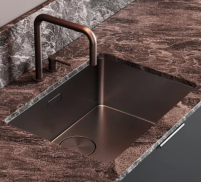 Modern Copper Kitchen Sink With Built In Design And Marble Countertop 3d model
