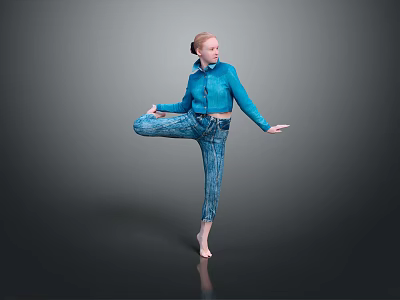 Woman In Blue Shirt And Blue Jeans Balancing On One Leg Against Gray Background 3d model