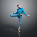 Woman In Blue Shirt And Blue Jeans Balancing On One Leg Against Gray Background