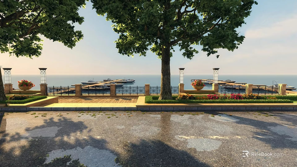 Scenic Waterfront Landscape With Large Trees Lamp Posts Flower Beds Paved Walkway And Distant Dock 3d model 