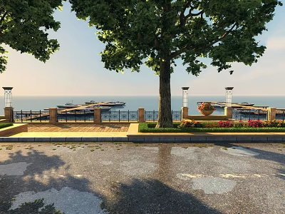 Scenic Waterfront Landscape With Large Trees Lamp Posts Flower Beds Paved Walkway And Distant Dock 3d model