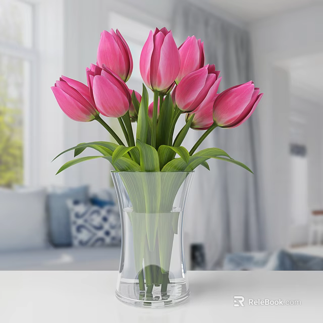 Fresh Pink Tulips Arranged in Transparent Glass Vase for Home Interior Decor 3d model 