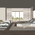 Modern Neutral Bedroom With Large Bed Floor to Ceiling Windows and Potted Plants