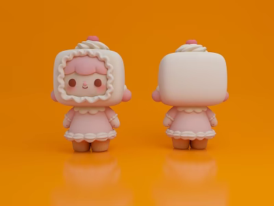 Two Square Pink And White Dolls With Cream Topping And Ruffled Dress On Orange Background 3d model