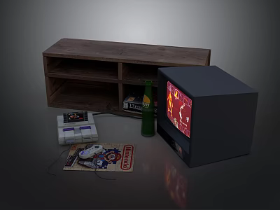 Retro Gaming Setup With Wooden Shelf TV Console Controller Green Bottle And Cartridges 3d model