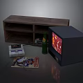 Retro Gaming Setup With Wooden Shelf TV Console Controller Green Bottle And Cartridges
