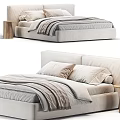 Modern Upholstered Beige Double Bed With Soft Pillows Cozy Blanket And Wooden Nightstand
