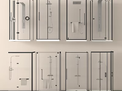 Modern Shower Systems In Glass Enclosures With Various Fixtures And Contemporary Designs 3d model