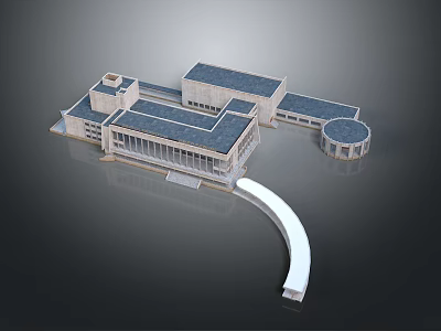 Detailed Architectural Model of Modern Building with Connected Sections Circular Structure and Curved Path 3d model