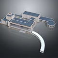 Detailed Architectural Model of Modern Building with Connected Sections Circular Structure and Curved Path