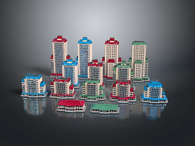 Multiple Modern Residential Buildings With Colorful Roofs And Unique Architectural Designs 3d model