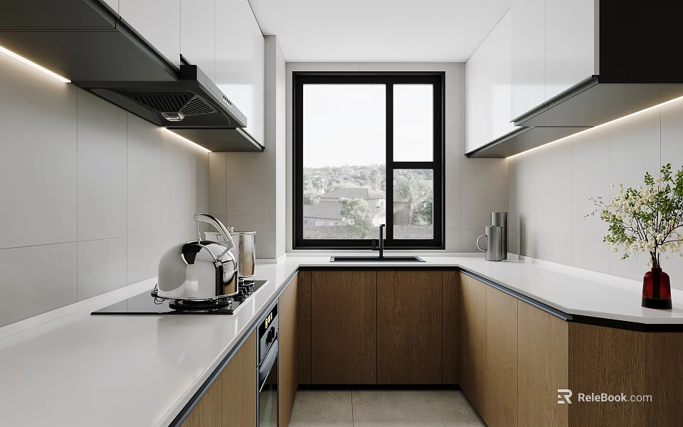 Modern Kitchen Interior With White And Wooden Cabinets Window Countertop And Appliances 3d model 