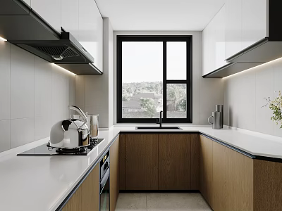Modern Kitchen Interior With White And Wooden Cabinets Window Countertop And Appliances 3d model