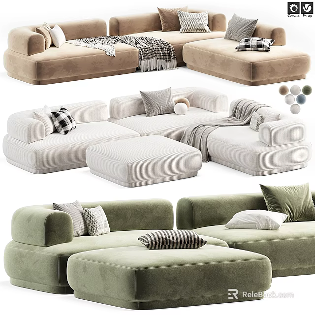 Cozy Modular Sectional Sofa With Beige Green Upholstery And Throw Pillows 3d model 