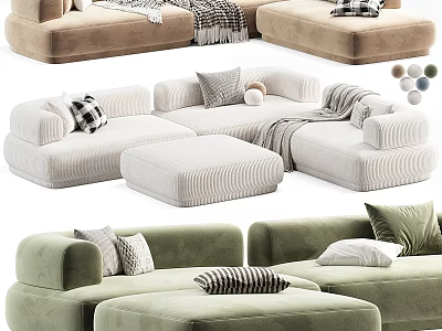 Cozy Modular Sectional Sofa With Beige Green Upholstery And Throw Pillows 3d model