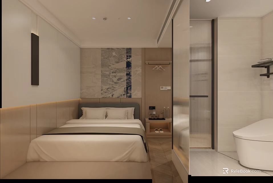 Modern Hotel Guest Room Interior With Comfortable Bed Wall Art And Attached Bathroom 3d model 