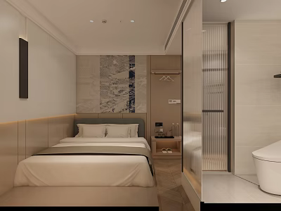 Modern Hotel Guest Room Interior With Comfortable Bed Wall Art And Attached Bathroom 3d model